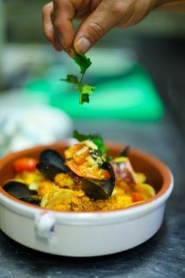 Couscous Seafood Casserole - Squid, Prawns, Mussels, Octopus, Clams, Spicy Merguez Sausage & Almonds