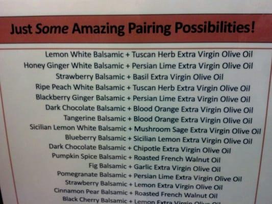 Some of their recommended combinations of EVOO and balsamic vinegar flavors.