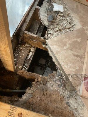 Ripped up ceramic tile kitchen floor down to the crawl space filled with mold and no support. Also a leaky roof he didn't find.