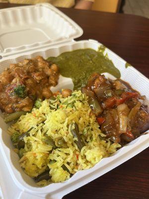 3 dish plate: channa masala, saag paneer and vegetable Manchurian with vegetable biriyani on the side