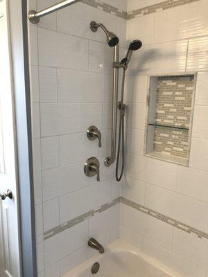 Symmons Satin Nickel shower valve with 3 way diverter with hand held sprayer.