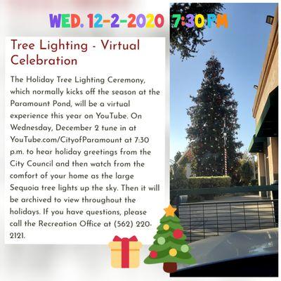 Virtual Tree Lighting on youtube.com/cityofparamount  Wed. Dec. 2, 2020 at 7:30 pm