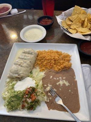 Steak Chimichanga with rice and beans