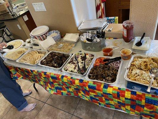 Feta fries, salad, steak kabob, gyro meat, rice came with it.