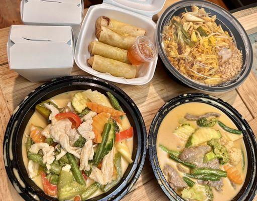 what a beautiful spread. peanut curry, pad Thai, and pumpkin curry