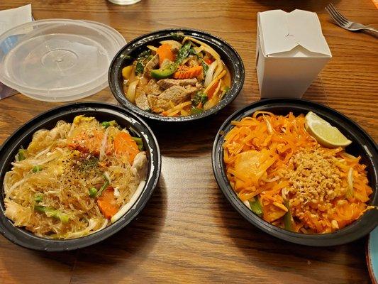 L to R: pad woo sen chicken, pad prik beef, pad thai chicken