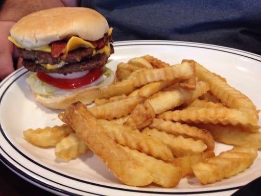 Double bacon cheeseburger and fry. $7.39