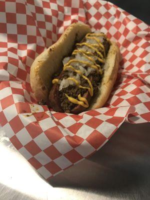 Texas Hotdog w/Onions, Mustard and Meat Sauce