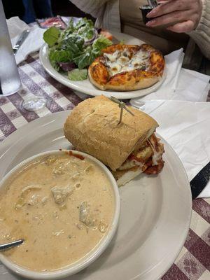 1/2 eggplant sandwich & artichoke bisque   Mushroom & cheese pizza & salad