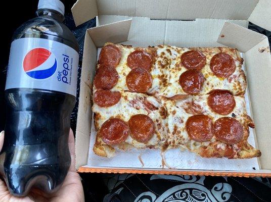 $5.99 lunch combo. Pepperoni Detroit style pizza w/ a Diet Pepsi.