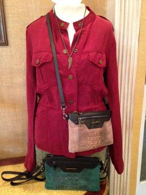 Sanctuary Jacket in Marsala, "NU" leather cross body bag, Sanctuary Army Green Shorts