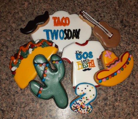 Taco TWOsday hand decorated vanilla sugar cookies with almond royal Icing.