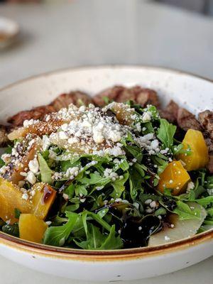 Beet and pear salad with steak slices!