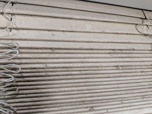 Faux wood blinds with heavy dust before cleaning in ultrasonic machine