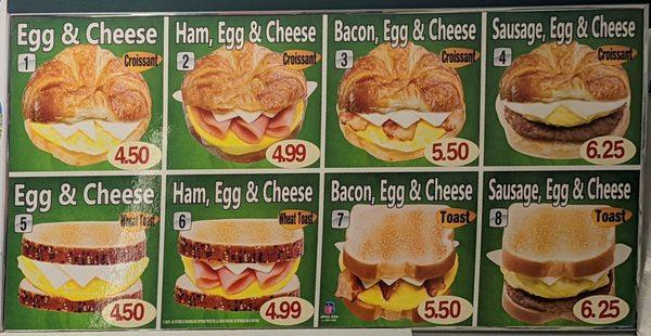 Breakfast Sandwich Menu as of 6/25/2022