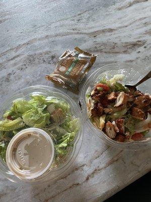 Caesar and BBQ ranch chicken salad with toffee brownie