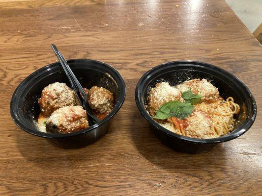 My side of meatballs (they shorted me one!) and a spaghetti meal (The Baller).