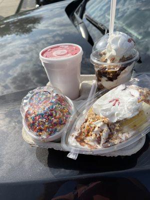 Strawberry Slush, turtle sundae, banana split, birthday cake, Superman scoop with sprinkles