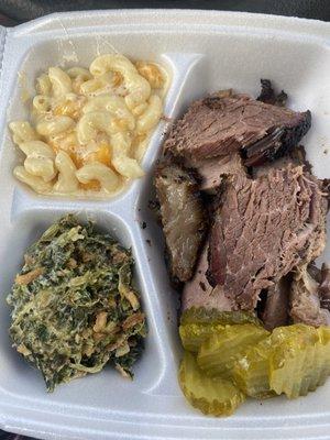 Brisket. Mac and cheese and creamy spinach.