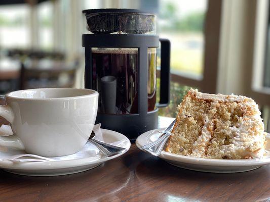 French Press Coffee (compliments of Topeca Coffee Roasters) and our homemade Italian Cream Cake