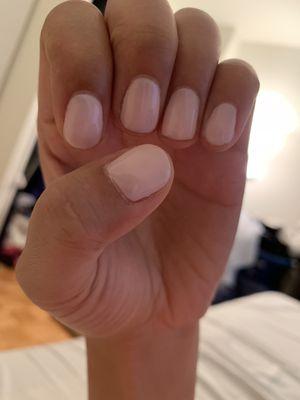 Two coats of shellac 5 (gel) with a third coat of OPI bubble bath.