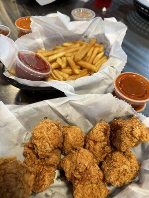 Boneless Chicken Wings and fries