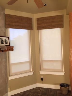 Woven wood toppers with roller shades create a beach like feel in this Westlake home.