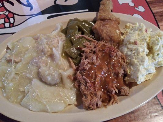 Chicken & dumplings, pulled pork bbq, fried chicken ( it's awesome), potato salad & more green beans.