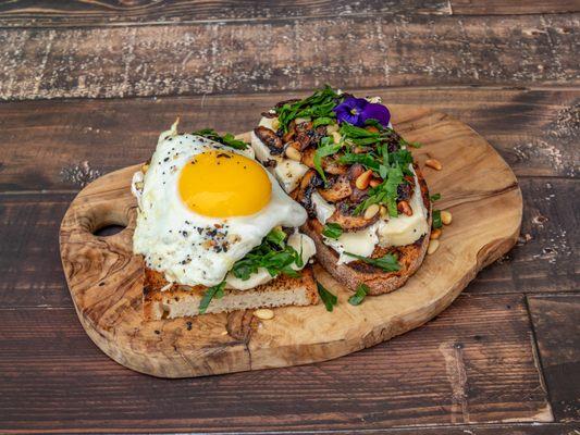 brie & garlic sauteed mushroom with fresh parsley with sunny side up added