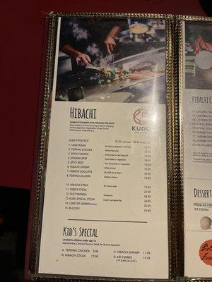 Hibachi menu