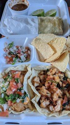 (1) shrimp taco Ensenada, (1) shrimp taco grilled and (1) burrito