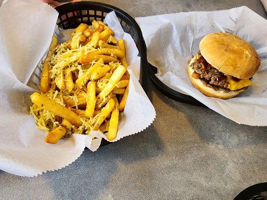 Parm. Fries and Bacon Cheddar Burger