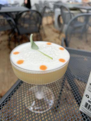 Another pretty drink! A mezcal, tequila, orange,  egg white concoction.