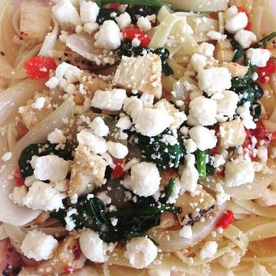 Pasta with olive oil, feta cheese, and veggies!