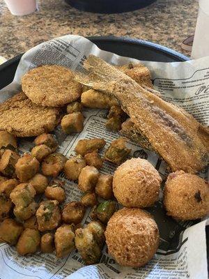 Mullet Fish w/fried green tomatoes, fried okras and hush puppies