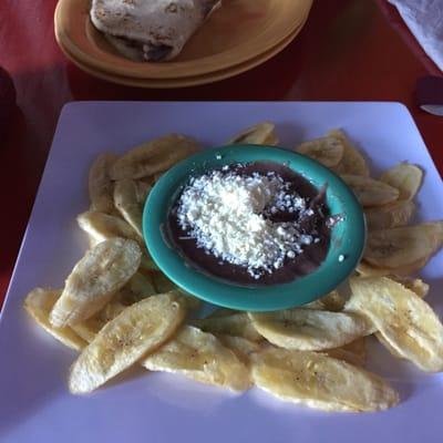 Black bean dip with freshly cooked green plantains. Who needs chips and salsa when you can have this!