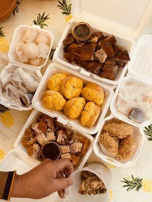 Roasted Duck, Roasted Pig, Pineapple Buns, Shrimp Dumplings, Fried Taro Balls, Beef & Shrimp Crepes, and Spareribs (dim sum menu)