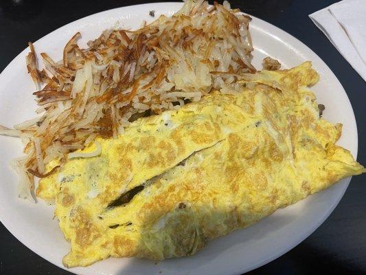 Meat omelette with hash browns