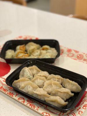 Front: Shrimp, Pork, and Leek Dumplings. Back: Zucchini, Rice Vermicelli, and Wood Ear Mushroom Dumplings.