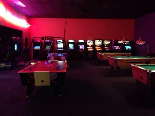 Pool tables and arcade games.