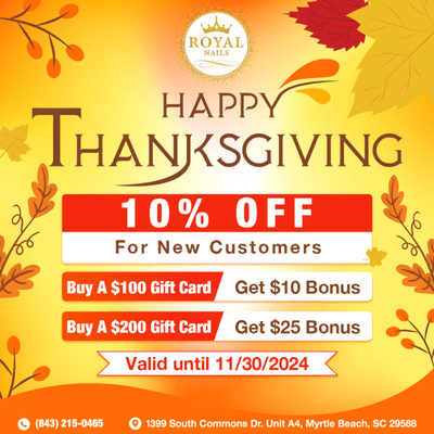 HAPPY THANKSGIVING 

 Enjoy 10% OFF for New Customers

GIFT CARD SPECIAL
 Buy a $100 Gift Card and get a $10 Bonus
 Buy