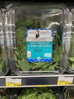 Prices in store indicating that Josie's organic salad blends are 2 for 4 dollars.