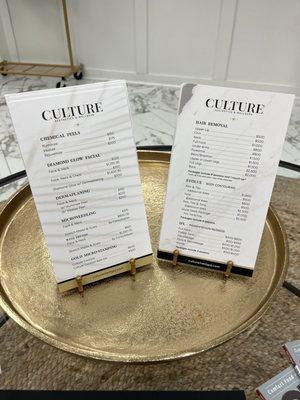 Menu with some of their services