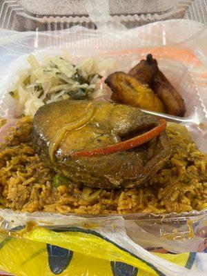 Steamed or Fried King Fish with Curry Sauce + Plantain + Mixed Greens/Cabbage