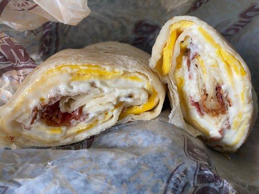 Bacon, egg and cheese breakfast wrap with extra egg and extra cheese