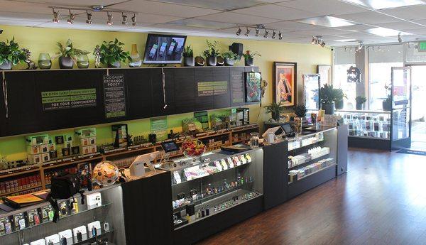 A view of our amazing selection of disposable devices, pod kits, devices, tanks, and E-Liquid here at our vape shop in Laguna Hills