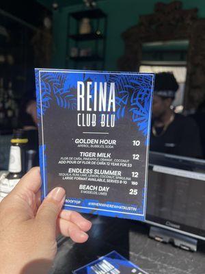 The Club Blu drink menu