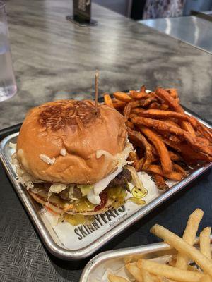 Cherry popper burger with sweet potato fries