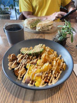 Cuban bowl. Delicious! My husband's Turkey Panini is in the background. It also was super tasty!