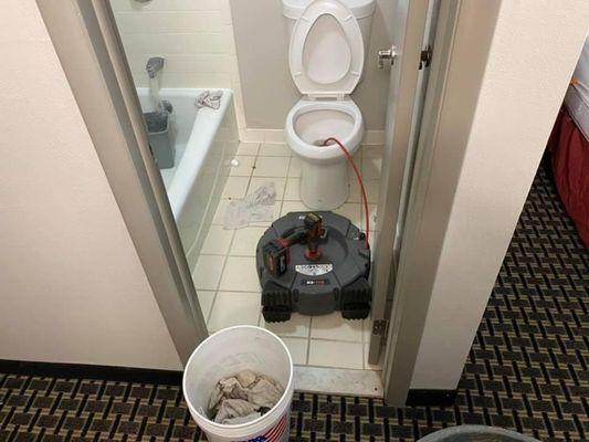 Clearing a toilet line at a hotel that was full of rags. Call us today. 260-446-4221